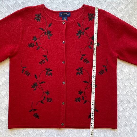 Charter Club 100% Wool Button Up Cardigan Red Sweater Black Vine Embroidery Med - Picture 6 of 6